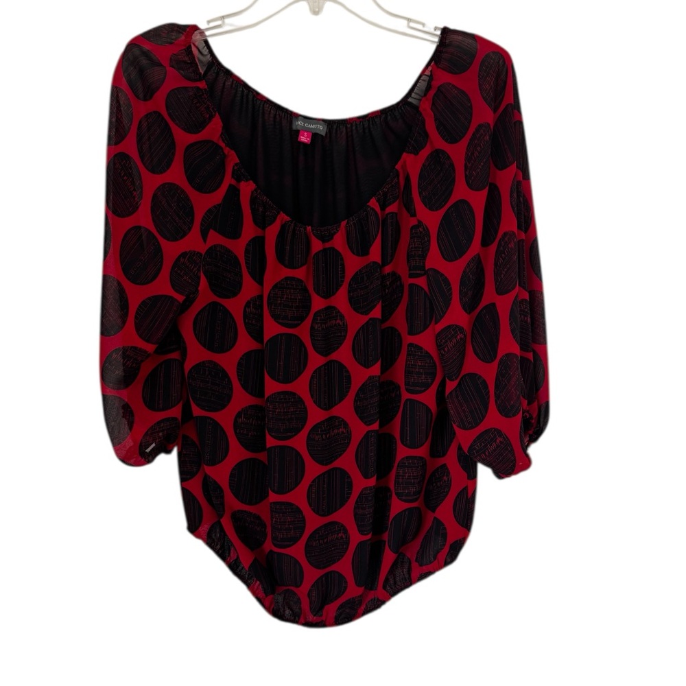 Vince Camuto Women's Red and Black Polka Dot Peasant Top, Size S